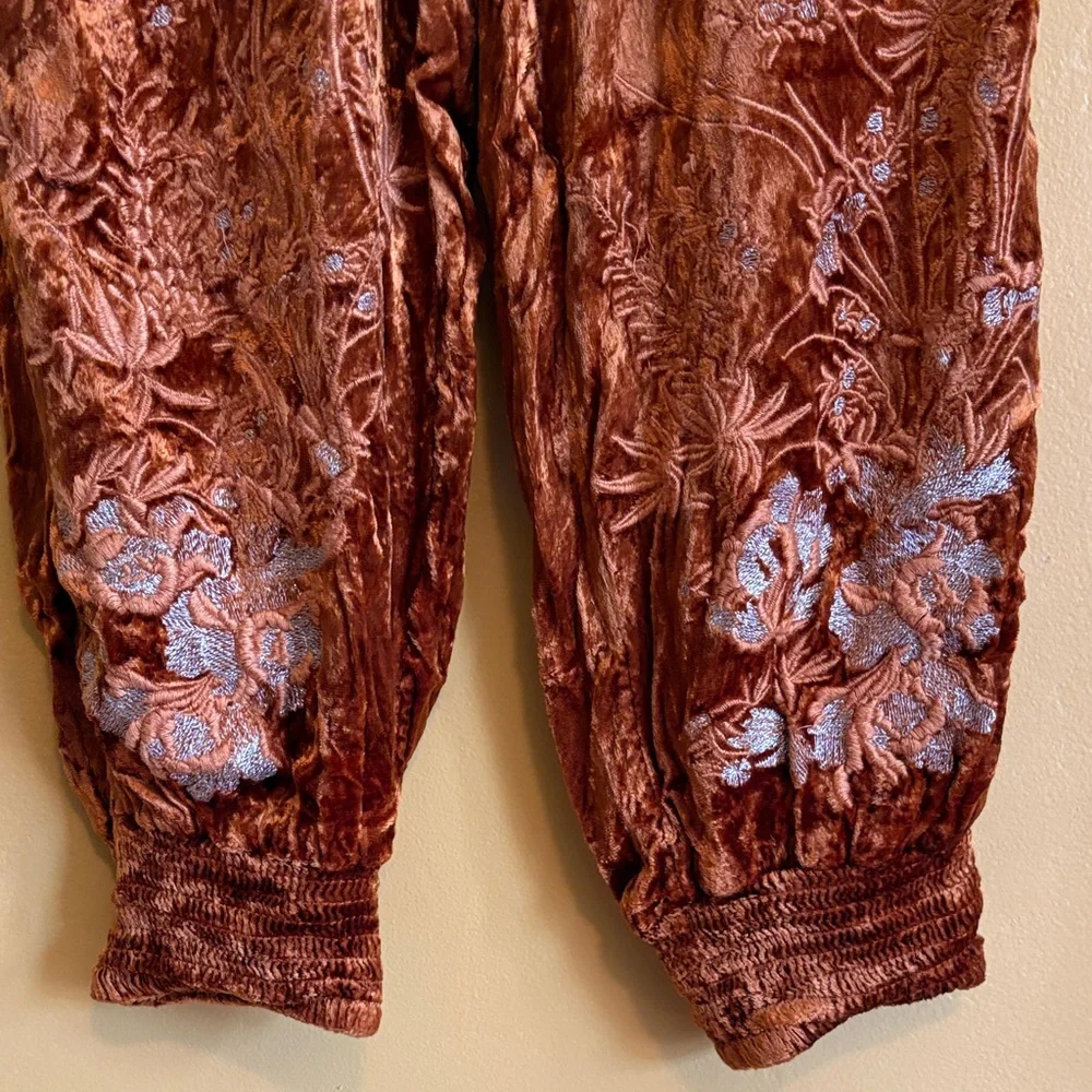 Anthropologie Rust Floral-Embroidered Velvet Joggers - Picture 3 of 6